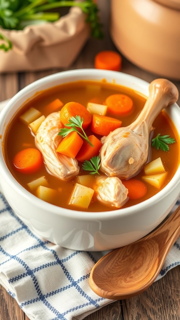 A hearty bowl of chicken drumstick soup with carrots and celery, garnished with parsley, on a rustic kitchen table.